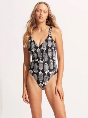 Seafolly Black and White Pineapple Print One Piece Swimsuit Size Small 6